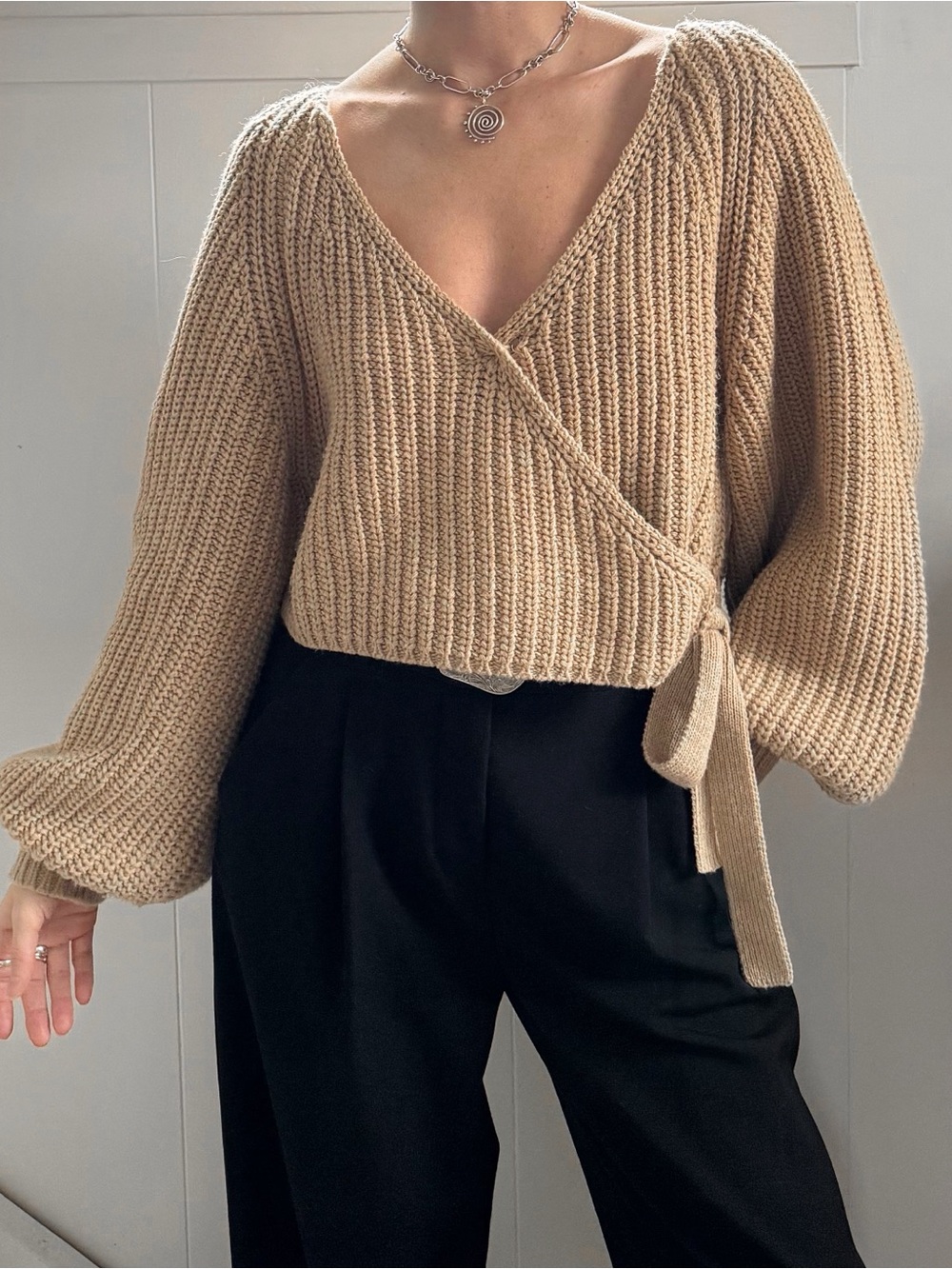 OAK + FORT chunky rib knit v neck wrap sweater in warm beige